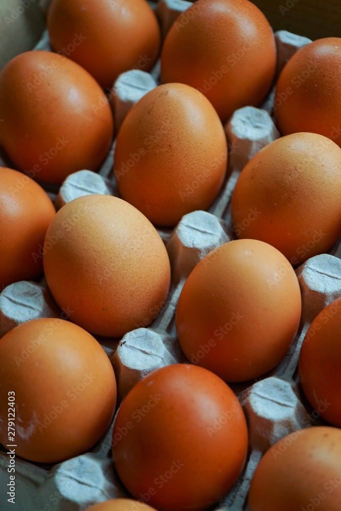 selective focus. a dozen brown eggs in their original packaging selective focus. a dozen brown eggs in their original packaging