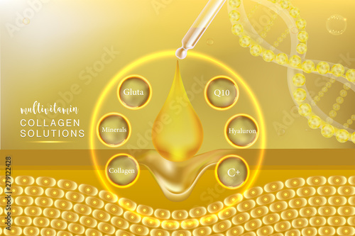 Hyaluronic acid plus multivitamins and mineral skin solutions ad, gold collagen serum drop with cosmetic advertising background ready to use, illustration vector.	