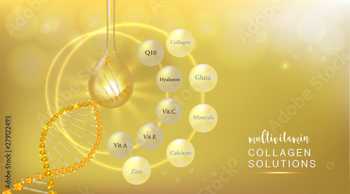Hyaluronic acid plus multivitamins and mineral skin solutions ad, gold collagen serum drop with cosmetic advertising background ready to use, illustration vector.	
