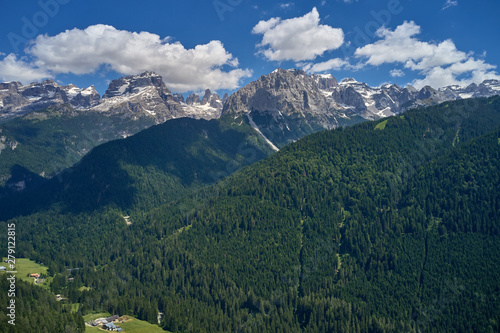 Aerial photography with drone. Great view of the Madonna di Campiglio Italy ski resort summer time.