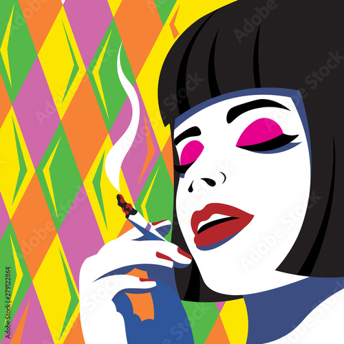 Girl in hat in pop art style fashion woman. Vector graphics.