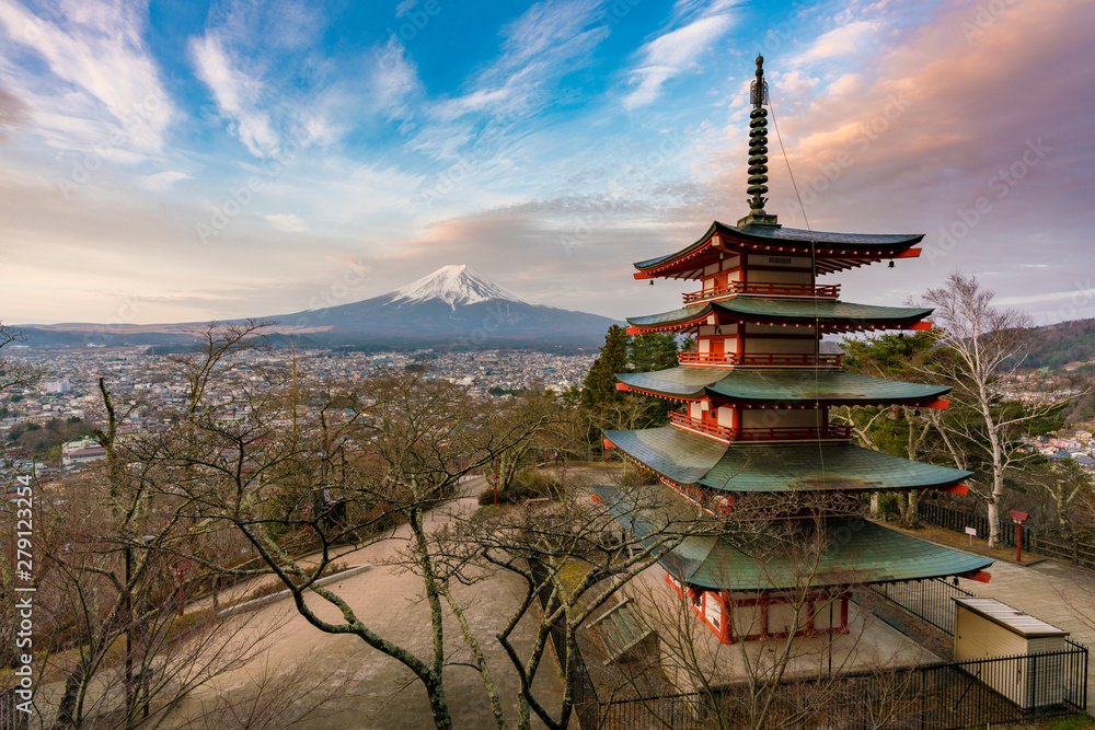 Mount Fuji and pagoda at sunrise