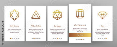 Diamonds, Gems Vector Onboarding Mobile App Page Screen. Diamonds, Gems Cutting Types Linear. Precious Stones, Gemstones Shapes, Jewelry Crystals with Geometric Facets Illustrations