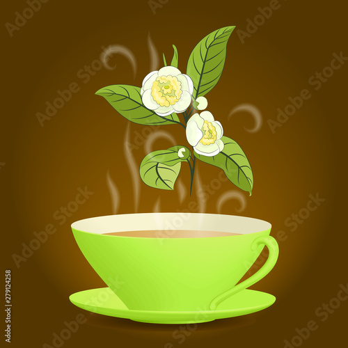 Camellia twig with flowers  and green cup of tea