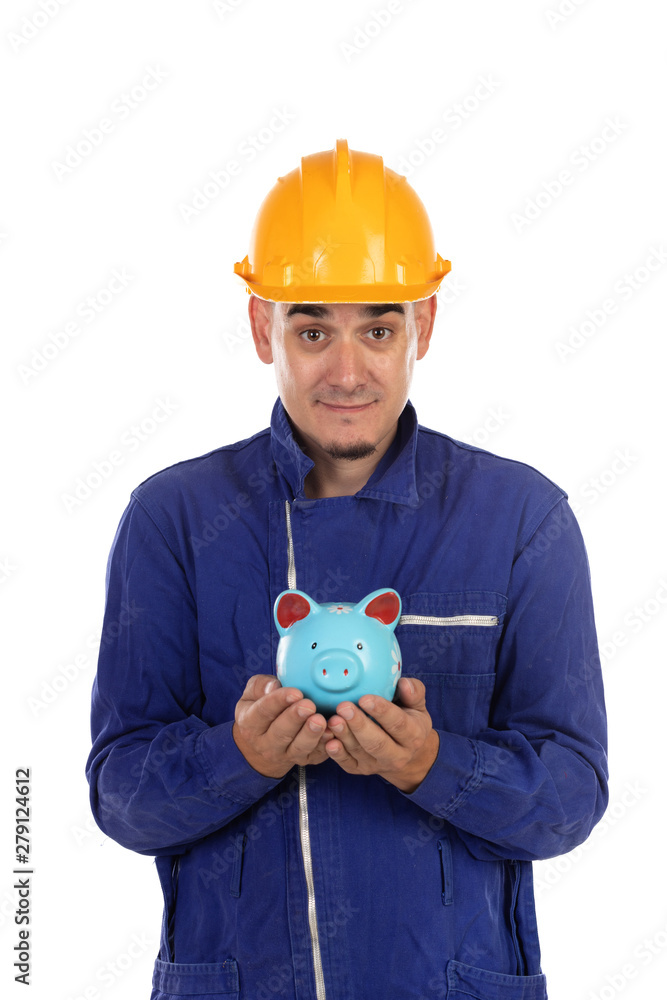 Construction worker with yellow helmet and moneybox Construction worker with yellow helmet and moneybox