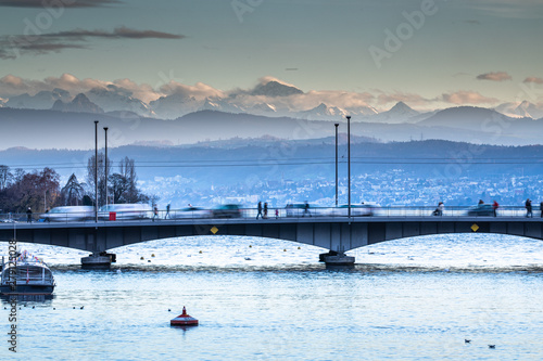 Zurich, Switzerland - view of the Limmat river with its busy bridges © lightpoet