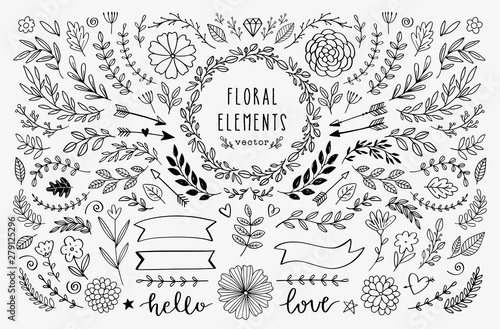 Vector hand drawn design elements. Vintage rustic floral illustrations. Doodle banners, laurels, wreath, branches, ribbons, divider, swirls, arrows. 