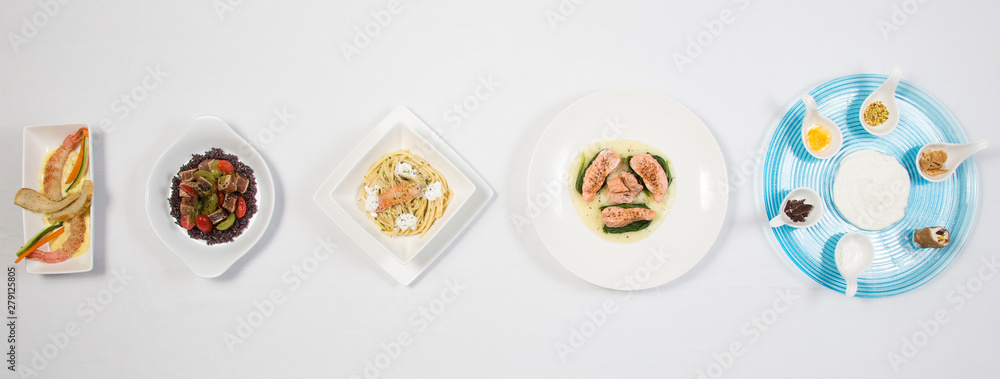 flat lay of a complete menu , different dish flat lay of a complete menu , different dish