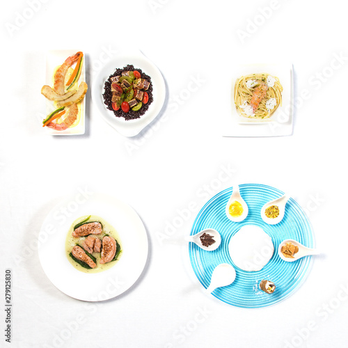  flat lay of a complete menu , different dish