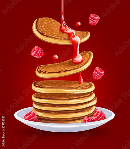 Pancakes with raspberries on the plate. Traditional sweet american breakfast with berries, on red background, Maple syrup flows at falling pancakes. Eps10 vector illustration.