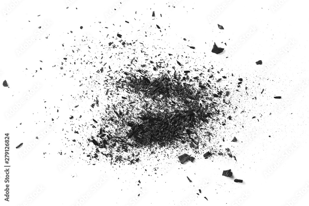 Fototapeta premium Black charcoal dust, gunpowder isolated on white background and texture, top view