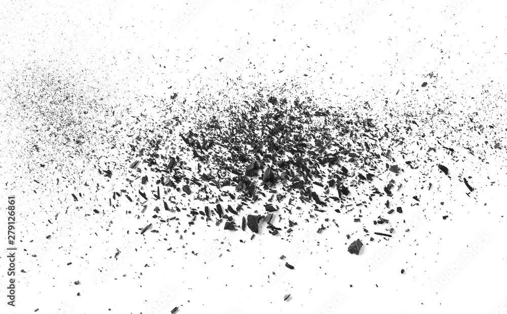 Black charcoal dust, gunpowder isolated on white background and texture, top view