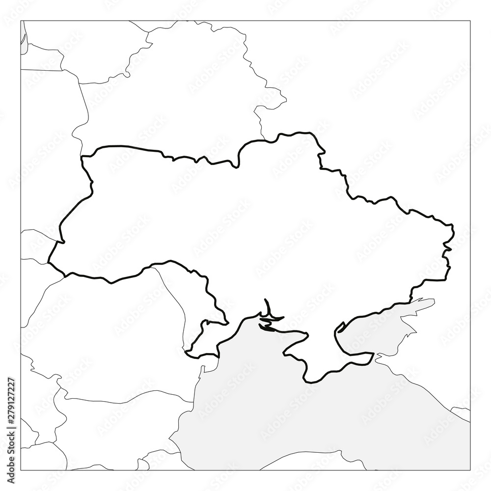 Map of Ukraine black thick outline highlighted with neighbor countries