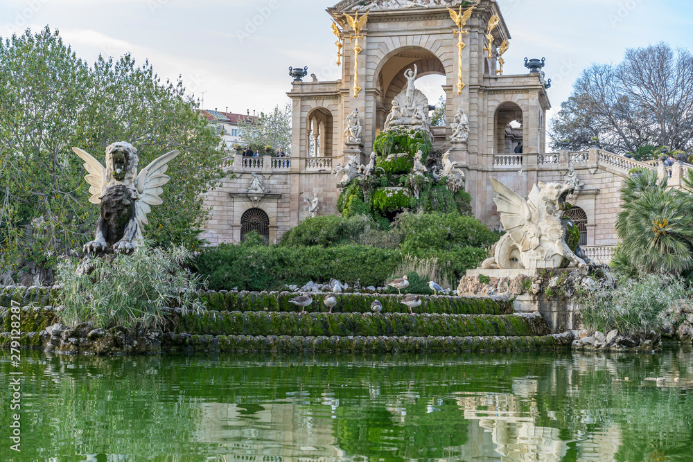 Golden horses and gargoyles in the Citadel Park, Located in the neighborhood of La Ribera, the Ciutadella Park is the largest park in Barcelona. Spain