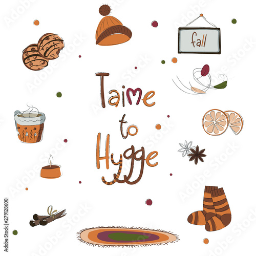 Vector illustration with Time to Hygge lettering and cozy home things like candles, socks, rug, tea, Danish living concept. Greeting card template, hand drawn style.