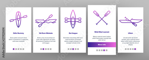 Canoeing, Active Rest Vector Onboarding Mobile App Page Screen. Canoeing, Extreme Water Sports, Outdoor Activities. Kayaking Equipment, Map, Safety Tools, Boats and Oars Illustrations