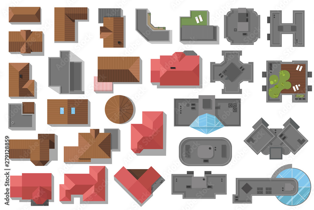 Set of houses roof. Modern, hightech and classic roofing houses. City. Top view. Stock Vector