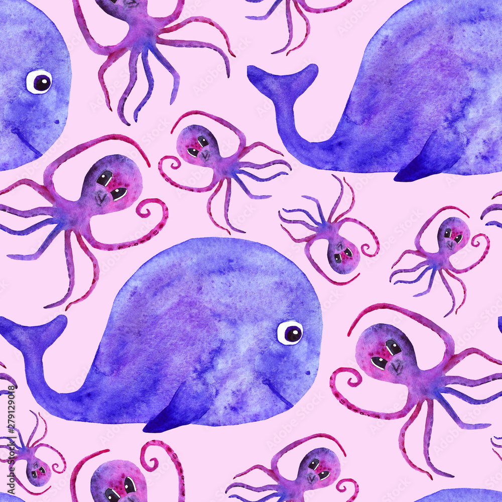 watercolor cute whale and octopus seamless pattern. fun pattern for kids. underwater world.
