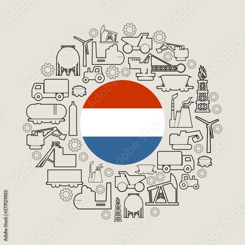 Concept of industrial plant and manufacture building. Energy generation and heavy industry. Brochure or cover design template. Circle frame with industrial thin line icons. Flag of the Netherlands