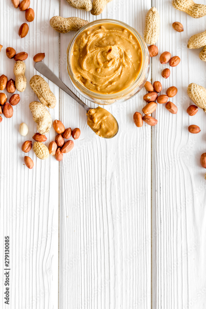 peanut butter for cooking breakfast at home on white background top view mock up peanut butter for cooking breakfast at home on white background top view mock up