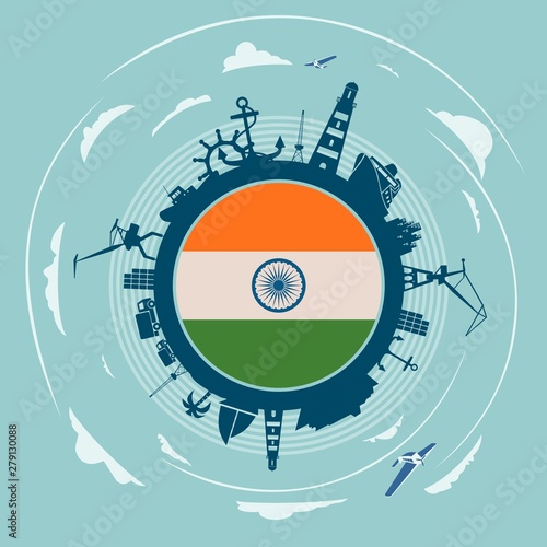 Circle with sea shipping and travel silhouettes. Objects located around the circle. Flag of the India in the center of circle. Cloudscape with airplanes