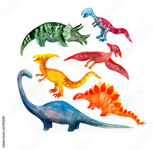 Cute cartoon dinosaurs. Hand drawn in colorful watercolor paint on white background. Creative childish characters for fabric  design  textile or background.