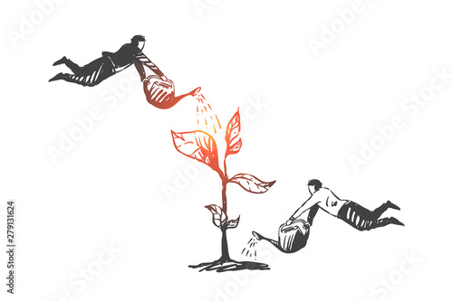 Startup, success, teamwork, coworking, partnership concept sketch. Hand drawn isolated vector illustration