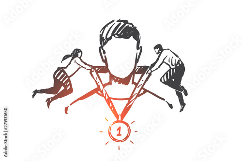Startup, success, teamwork, coworking, partnership concept sketch. Hand drawn isolated vector illustration
