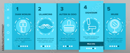 Barbershop Accessories Vector Onboarding Mobile App Page Screen. Barbershop Accessories, Hairdressers Tools Linear Pictograms. Combs, Blow Dryer, Shaving Instruments, Furniture Illustrations