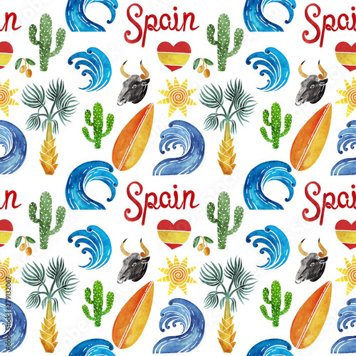Summer in Spain seamless pattern. Wave, sun, cactus, surfboard, lettering, black bull, olive, heart and palm tree isolated on white background. Spanish traditional symbols and objects