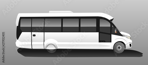 White Bus, Side view. Tourist bus. Sightseeing bus. Modern flat Vector illustration on grey background.