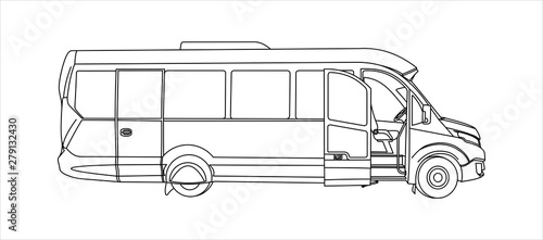 Outline Bus with an open door, Side view. Tourist bus. Sightseeing bus. Modern flat Vector illustration on white background.