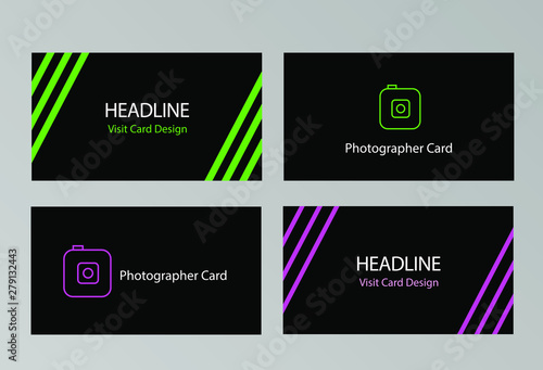 Set of trendy business card layouts with icon. Perfect for professional photographer. Stylish and clean. Bright neon colors. Vector illustration