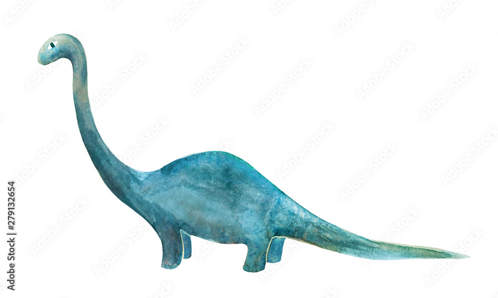 Obraz premium Diplodocus dinosaur cute illustration for child, kids clothes design. Watercolor painting isolated on white background