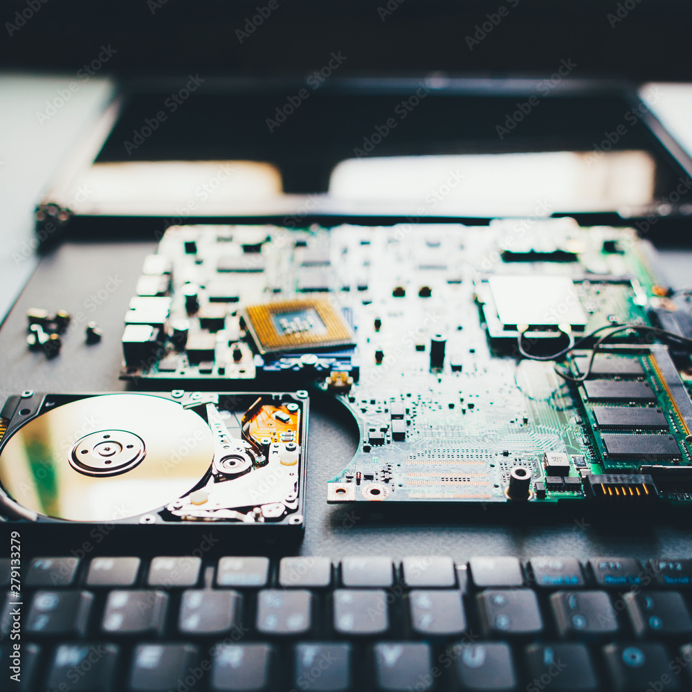 Tech support. Disassembled computer parts. PC electronic components.  Closeup of keyboard, hdd, motherboard cpu Stock Photo | Adobe Stock