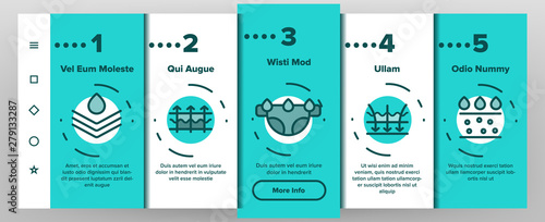 Absorbent, Absorbing Materials Vector Onboarding Mobile App Page Screen. Absorbents For Moisture Control. Absorbing Breathable Textures For Children, Women Linear Pictograms. Water Drops Illustrations