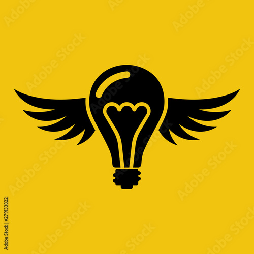 Flying idea black silhouette. Creative pictogram light bulb with wings. The symbol of elusive ingenuity. Vector illustration flat design. Isolated on white background. Cartoon style.