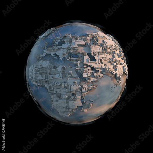 Megalopolis aerial view 3d render image in space on dark background.