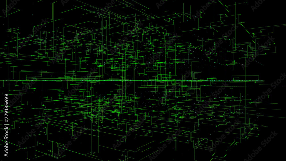 3D illustration, 3D rendering, abstract geometric background, green line technology, architectural design chart, Big Data connection