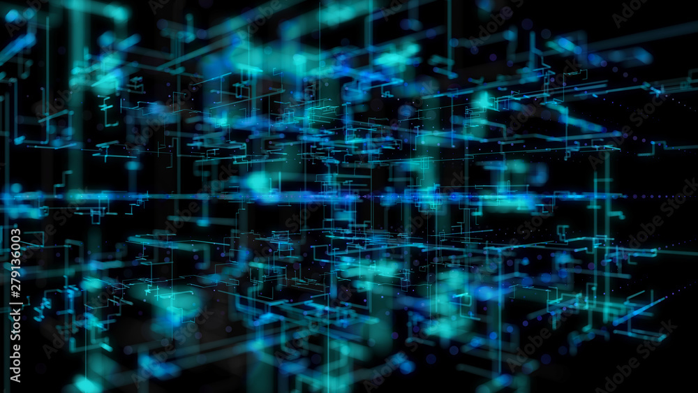 3D illustration, 3D rendering, abstract geometric background, Blue Line and Bokeh technology, architectural design chart, Big Data connection 3D illustration, 3D rendering, abstract geometric background, Blue Line and Bokeh technology, architectural design chart, Big Data connection