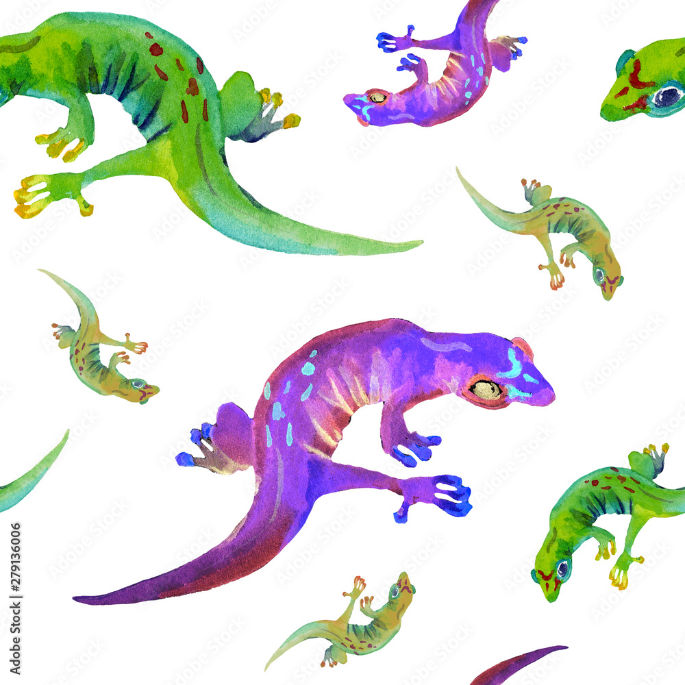 Fototapeta premium Watercolor hand drawn seamless pattern of different color lizards, isolated on white background. Design for children illustration, backgrounds, packaging, decoration. 