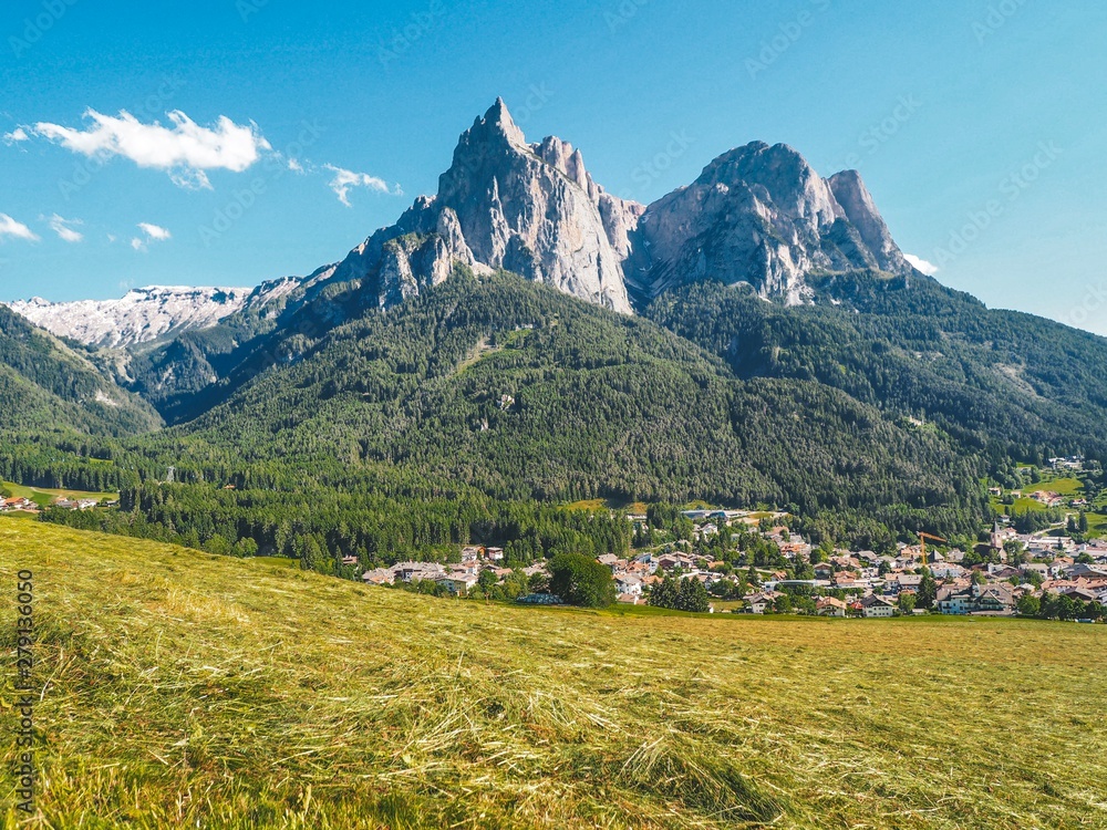 Mountain summer landscape in the Dolomites in Northern Italy. Aerial view of National Park Tre Cime di Lavaredo.