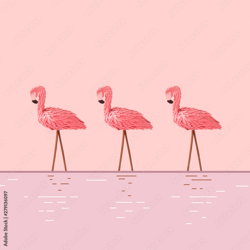 Obraz premium Pink paper flamingos on pink background with water reflection. Minimal summer tropical concept. Creative layout. 