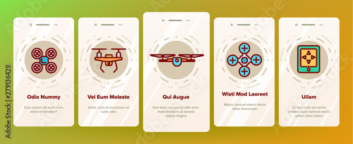 UAV, Remote Control Drones Vector Onboarding Mobile App Page Screen. UAV, Unmanned Aircraft System Outline Symbols Pack. High Tech, GPS Navigation. Modern Delivery Service Technology Illustrations