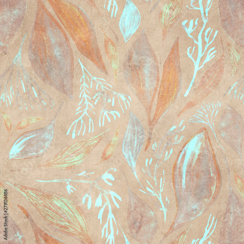 Seamless watercolor pattern with autumn leaves and twigs.  Watercolor Botanical background. Background for textile, paper and other print and web projects.