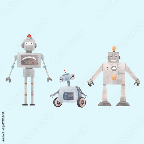 Watercolor robot vector set