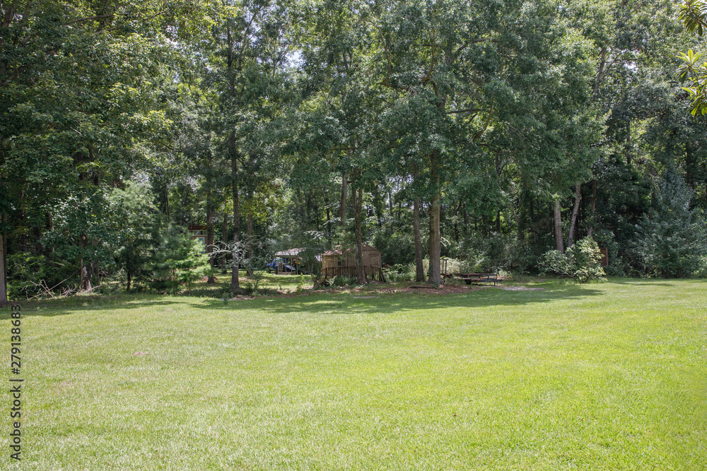 Large lush lot backyard of American house in the suburbs Large lush lot backyard of American house in the suburbs