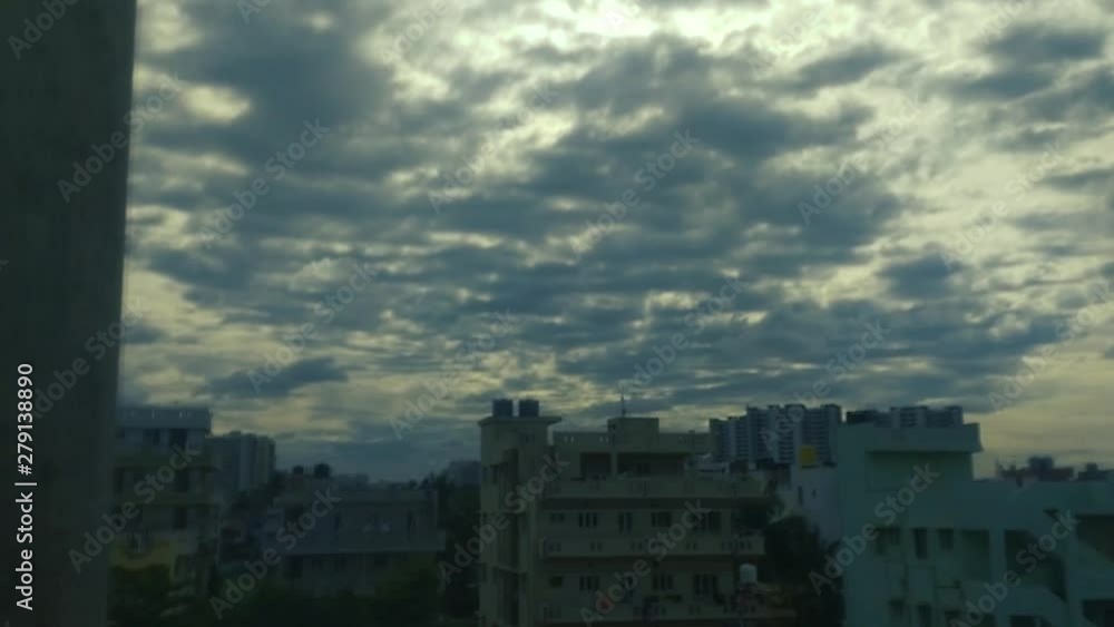 Cloudscape seen from balcony. Static. Zoom in Cloudscape seen from balcony. Static. Zoom in