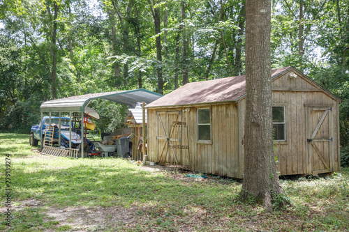 Large lush lot backyard of American house in the suburbs