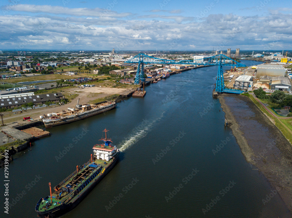 A ship passing under the Tees Transporter bridge in Middlesbrough